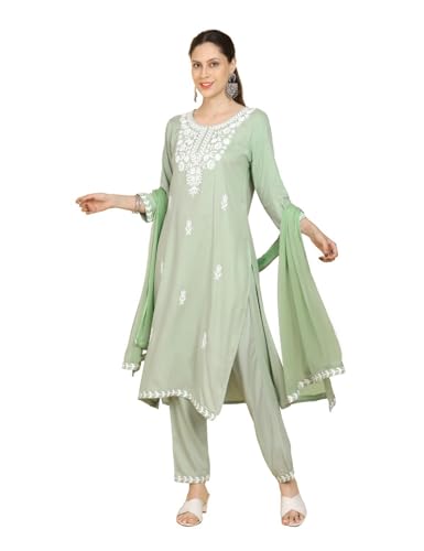 Image of Kaari Women's Chikankari Kurta Set with Dupatta -Straight Fit | Chiffon Dupatta with Embroidered Band | Straight Pant with Side Pocket | Kurta Set for Women