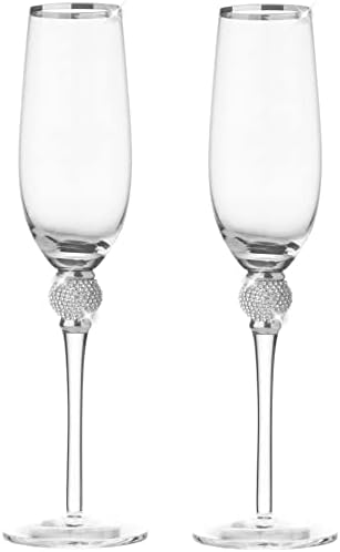 BERKWARE Set of 2 Champagne Glasses - Luxurious Champagne Flutes with Dazzling Rhinestone Design and Rhodium Silver Rim