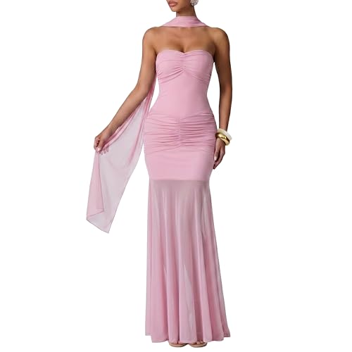 Curvphilo Women's Strapless Ruched Bodycon Mermaid Maxi Dress with Neck Scarf Formal Evening Prom Wedding Guest Gown (US, Alpha, Small, Regular, Regular, Pink)