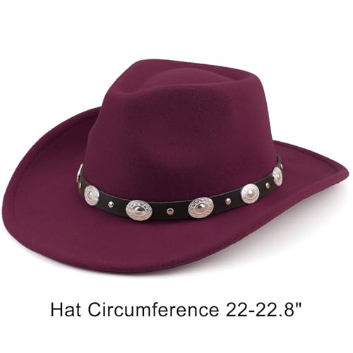 Image of DRESHOW Women Men Classic Felt Wide Brim Western Cowboy & Cowgirl Cap Belt Buckle Retro Panama Hat Unisex Rolled up Caps