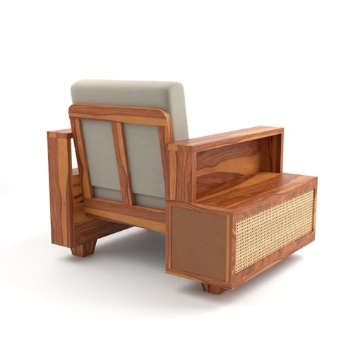 Image of Sheesham Wood Single Seater Sofa | 1 Seater Sofa with 2 Drawer Storage | Wooden Sofa Set Furniture for Living Room Home Office (Natural Cane,Honey Finish)