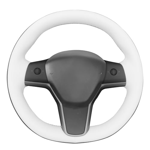MEWANT Hand Stitched White Leather Tesla Model 3 Steering Wheel Cover for Tesla Model 3 2017-2023 / Model Y 2020-2023 for Tesla Model 3/Y Accessories