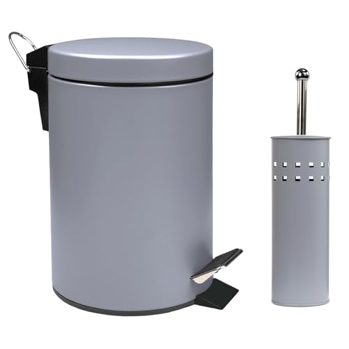Crystals 3L Small Pedal Bin with Toilet Brush Set Compact Waste Bin for Bathroom Kitchen or Toilet Soft Close Lid & Hygienic Hands-Free Design Modern Rubbish Bin with Matching Brush Holder Grey