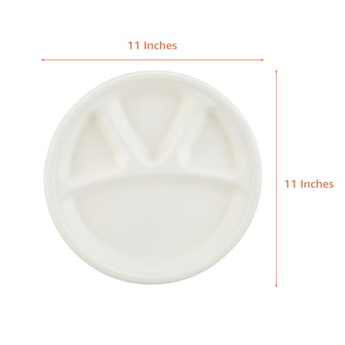 Image of Amazon Basics 4-Compartment Bagasse Disposable Round Plates | 11 Inch - Pack of 50 | Biodegradable | Leak-Resistant | Hot & Cold Food Safe | Eco-Friendly | Party, Weddings, Birthdays, Events