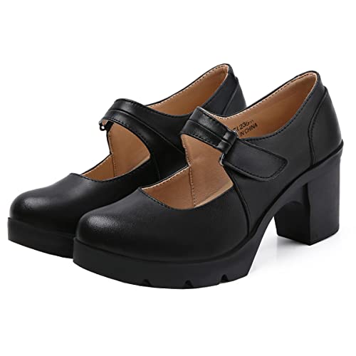 SHEMEE Women's Chunky High Heel Platform Mary Janes Shoes Ankle Strap Buckle Round Toe Block Heel Dress Pumps