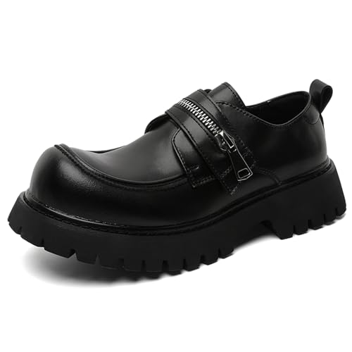 Men's Patent Leather Fashion Zipper Platform Slip-On Penny Loafers Classic Round Toe Thick Lug Sole Dress Shoes for Business Work and Daily Wear