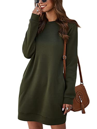 Tomwell Hoodie Kleid Damen Pullover Langarm Sweatshirtkleid Tops Herbst Kurz Kleid Sweatshirt Pulloverkleid mit Taschen Armeegrün 3XL