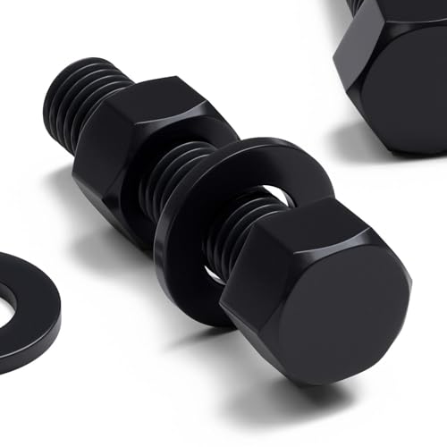 Image of 10x Black Nylon PA66 Hex Head Plastic Bolts, Nuts & Washers, M12 x 50 mm, Fastener, (15 /32 x 1 31 /32 in)