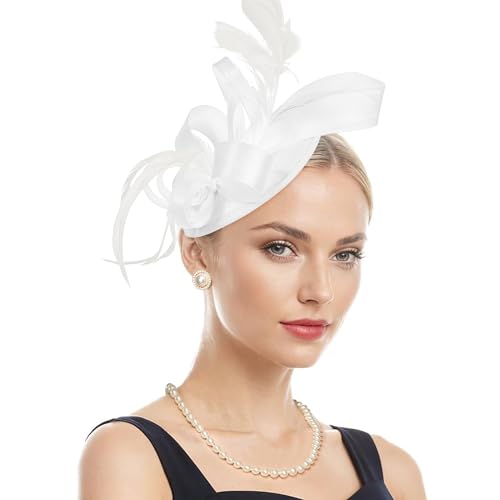 White Fascinators for Women 2 in 1 Ribbon Feather Headband & Hair Clip Elegant Vintage Tea Party Hats Wedding Guest Headwear for Derby Cocktail Bridal Mother of the Bride