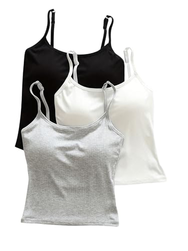 WDIRARA Women's 3 Pack Cami Top Built in Bra Spaghetti Strap Camisole Tops