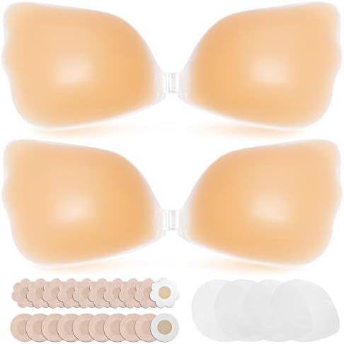 LEFRECO Adhesive Bra Push Up 2 Pairs, Strapless Invisible Silicone Sticky Bras with Nipple Covers for Women Backless Dress(A) Creme