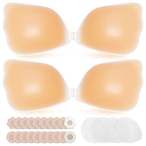 Lefreco Adhesive Bra Push Up 2 Pairs, Strapless Invisible Silicone Sticky Bras With Nipple Covers For Women Backless Dress(A) Creme #TOP2