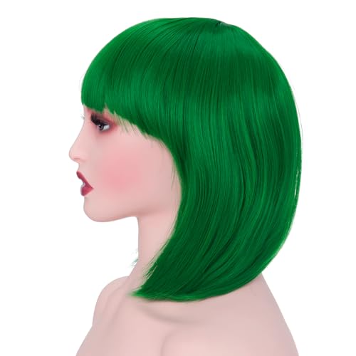 Image of Rose bud Forest Green Bob Wig with Fringe 12 Inch Short Straight Costume Wigs for Women Cosplay Party Halloween