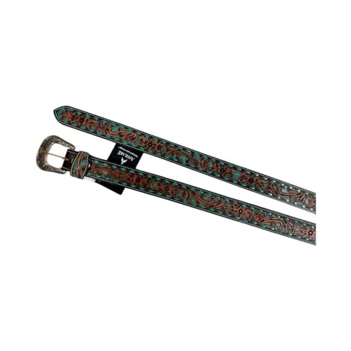 Western Leather Belt Heavy Duty Belt Tooled Antique Finish with Turquoise Buckstitch Belt 30AB1113