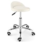 FNZIR Swivel Rolling Stool with Wheels Height Adjustable Stool Chair Drafting Chair with Backrest Stable Base Foot White