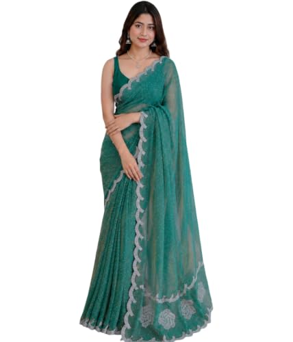 Image of Chiffon Satin Saree for Women with C Pallu PP Siroski Diamond Work, Cutwork Border & Matching Blouse Saree for Wedding, Festive and Traditional Occasions