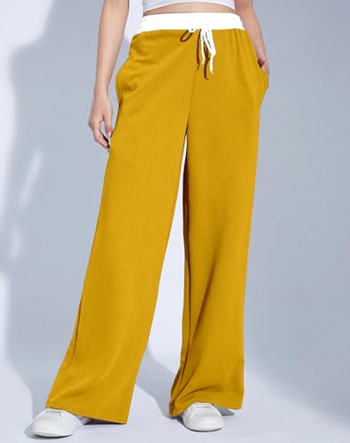 Image of Mehrang Wide Leg Drawstring Pants, with Contrast Waist Band || Casual Lounge Wear Side with Pockets, High Waisted, Relaxed Fit Trouser for Women