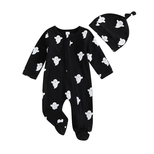Newborn Infant Baby Girl Boy Halloween Outfits Ghost Footed Onesie Knit Long Sleeve Romper + Hat/Bow 2Pcs (Black Hat 0-3 Months)