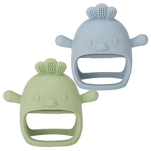 Image of Socub 2 Pack Silicone Baby Teether Toys for Infants 3+ Months, BPA Free Anti-Drop Silicone Mitten Teething Toy for Soothing Sore Gums, Baby Chew Toys for Sucking Needs, Olive, Dusty Blue