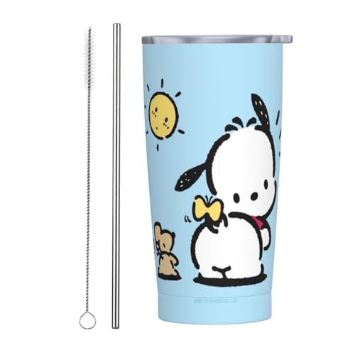 ポチャッコ アニメ ストロー&ストローブラシ付き マグカップ コーヒーカップ 600ml コンビニカップ タンブラー ステンレス製 保冷 保温 車用 蓋付き 持ち運び 水筒 大容量 直飲み キャラクター 人気 プレゼント