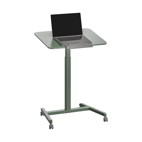 Image of Seville Classics Airlift Height Adjustable Pneumatic Laptop Sit Stand Desk Mobile Rolling Cart, Computer Workstation for Home Office, Classroom, Sage Green, 25.6" Tilting Desktop