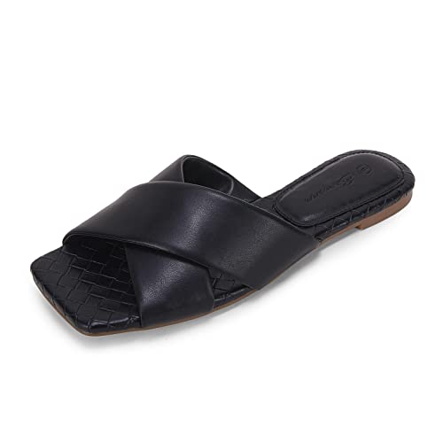 Women’s Square Open Toe Flat Sandals Backless Slip On Slides Cross Band Summer Slippers Black Size 8 #TOP2