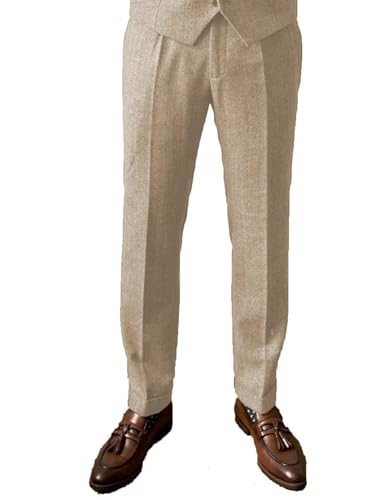 JinXuanYa Men Dress Pants Flat Front Tweed Wool Regular Fit Dress Pants Herringbone Trousers Waist Inseam