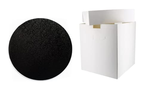 Art of cake® 12 inch Black Cake Drum (13mm Thick) and 12"x12"x12" inch White Tall Cake Box -Round Drum cake Board