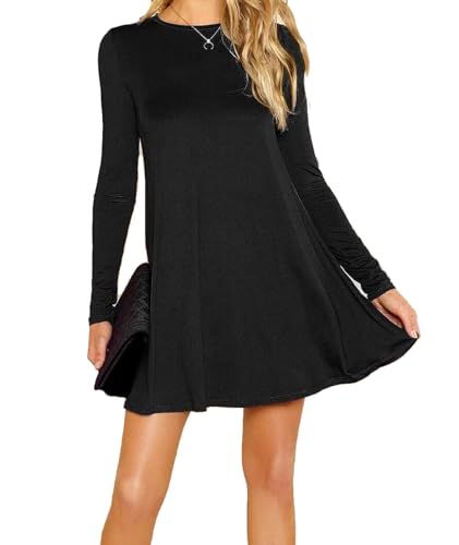 Vestido con Vuelo en Forma de A para Mujer - Largo por Debajo de la Rodilla - Colores Lisos - Negro - L/XL - UK 16/EU 44 (Talla Grande)