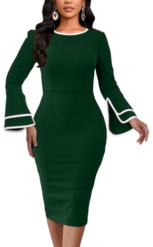 Image of Church Dress for Women Flared Sleeve Midi Pencil Dress Elegant Teacher Office Business Wear to Work Dresses