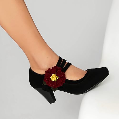 Elerhythm Women's Mary Jane Flower Ankle Strap Vintage Heels 1920s Pumps Closed Round Toe 1950s Victorian Retro Shoes4