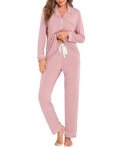 Image of Women's Pajama Sets Long Sleeve Sleepwear Button Up Shirt With Pajama Pants Soft Pjs Lounge Sets