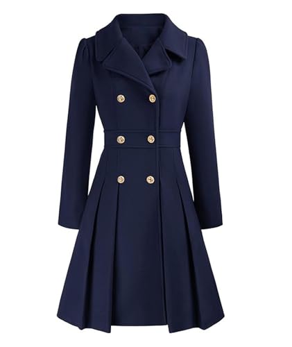 Image of Sexyshine Women's Double Breasted Trench Coat Notch Lapel A-Line Slim Flared Pleated Wool Blend Pea Coat with Pockets