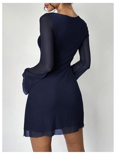 Image of GORGLITTER Women's Bell Long Sleeve Mini Dress Y2k Fall 2025 Mesh Boat Neck Going Out Club Bodycon Short Dress