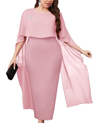ZOMVA Plus Size Elegant Chiffon Cape Dress Crew Neck Wedding Guest Bodycon Cocktail Pencil Maxi Dresses, Without Brooch
