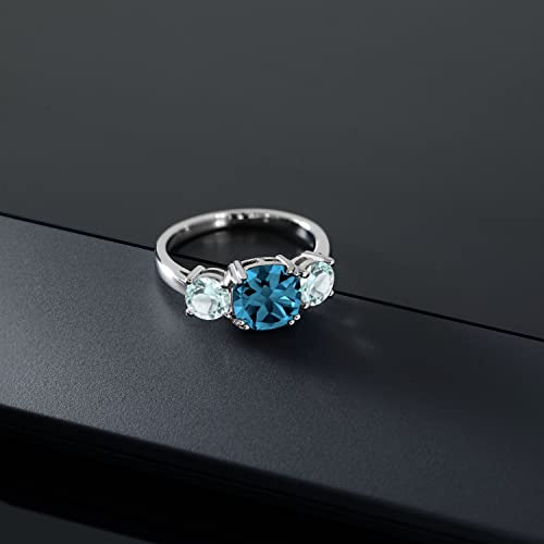 Gem Stone King 3.74 Cttw London Blue Topaz and Sky Blue Topaz 3 Stone Engagement Ring For Women | 925 Sterling Silver | Gemstone Birthstone | Cushion 8MM | Available in Size 5,6,7,8,93