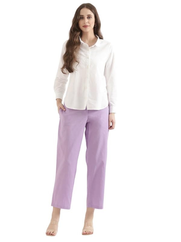 Image of SAADAA Women's Airy Linen Straight Pants | Regular Fit Trousers | Half Elasticated with Drawstrings & Buttons | 4 Pockets | Everyday & Office Wear