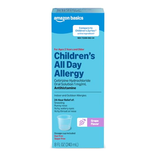 Amazon Basics Children’s 24 Hour Allergy Relief, Cetirizine Hydrochloride Oral Solution 1 mg/mL, Grape Flavor, Dye Free, 8 fl oz (Pack of 1) (Previously Care) - image 1