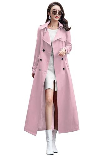 ebossy Women's Double Breasted Duster Trench Coat Slim Full Length Maxi Long Overcoat (Medium, Pink)