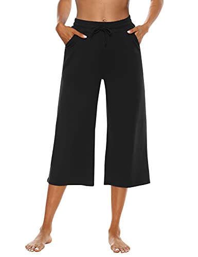 Oyanus Capris For Women Casual Summer Loose Comfy Drawstring Wide Leg Capri Pants With Pockets Black L #TOP1