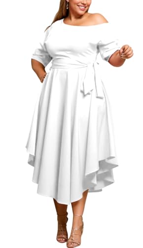 Image of Plus Size Women Wedding Guest Dress Off Shoulder Boat Neck Irregularly Flowy Midi Church Dress