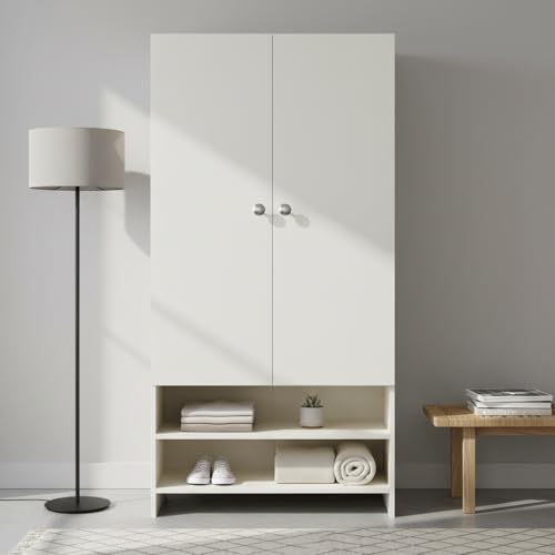 Image of FURNEASER YSH Engineered Wood Wardrobe Almirah for Clothes with 2 Doors & Open Shoe Rack | Wooden Closet Cabinet Organizer for Bedroom Living Room | Storage Cupboard (White)