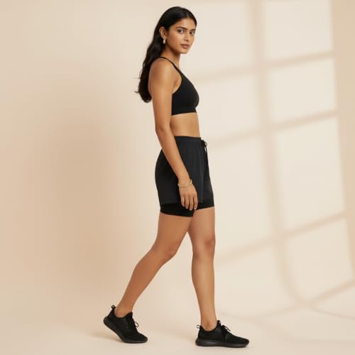 Image of Women's 2-in-1 Athletic Shorts with Inner Tights Layer, Drawstring Waist, for Running, Gym & Sports, Plus Size S to 6XL