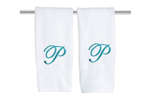 Decorvo White Monogrammed Hand Towels for Bathroom - Luxury Hotel Quality Personalized Initial Embroidered Towel for Powder Room, Spa - GOTS Organic Certified - Set of 2 Teal Letter P