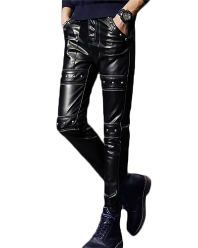 Men's Rock Steampunk Studded PU Leather Pants Slim Fit with Zipper
