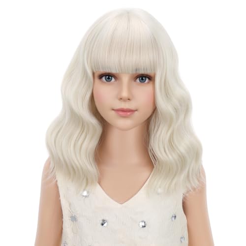 Image of PATTNIUM Platinum Blonde Wig Short Wavy Wig with Bangs Synthetic Blonde Wig Women Cosplay Halloween Party Costume Wig (Platinum Blonde)