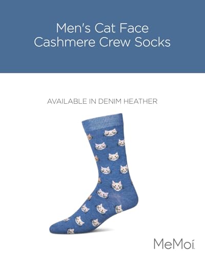 MeMoi Men's Cat Face Cashmere Crew Socks Denim Heather 10-132