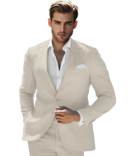 Linen Suits for Men 2 Piece Men's Linen Suit Set Jacket Pants for Summer Beach Wedding Prom Casual Bussiness
