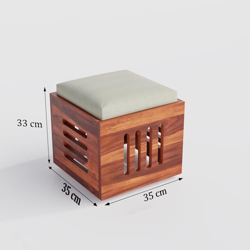 Image of Solid Sheesham Wood Coffee Table with 4 Cushioned Nested Stools | Space-Saving Center Table for Living Room | Modern Wooden Tea Table Set for Home, Lounge & Office Decor | Sheesham, Walnut Brown