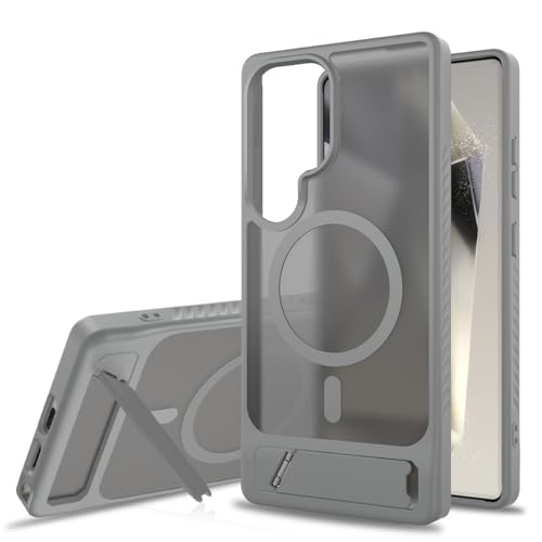 AIQIUQIU Magnetic Case for Samsung Galaxy S25 Ultra 5G [Compatible with Mag Safe][Built-in Invisible Kickstand] Mil-Grade Drop Protection Adjustable Kickstand Translucent Matte Cover Gray